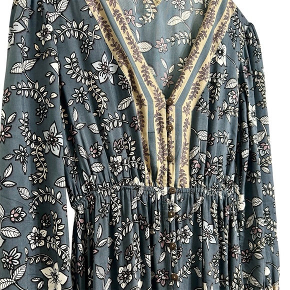 RAGA Anthropologie Long Sleeve Dress, Floral Grey Button Down V-Neck Midi, Small - Picture 2 of 7